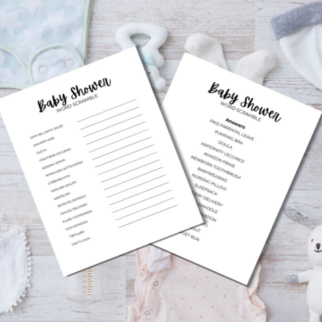 Papel Timbrado Jogo de Desembaralhar Palavras para Chá de Bebê (Baby Shower Word Scramble printable game details and answer sheet)