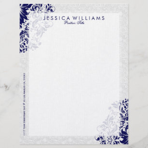 Papel Timbrado Lace Floral Azul Elegante Branco e Marinho