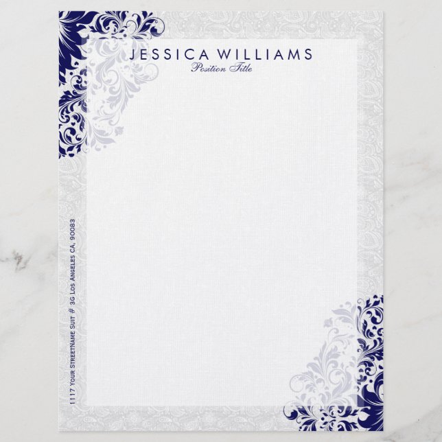 Papel Timbrado Lace Floral Azul Elegante Branco e Marinho (Frente)