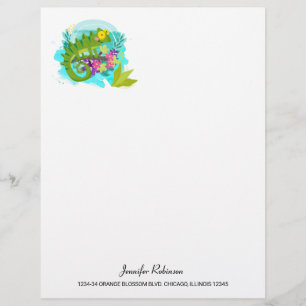Papel Timbrado Lagarta tropical verde com flores