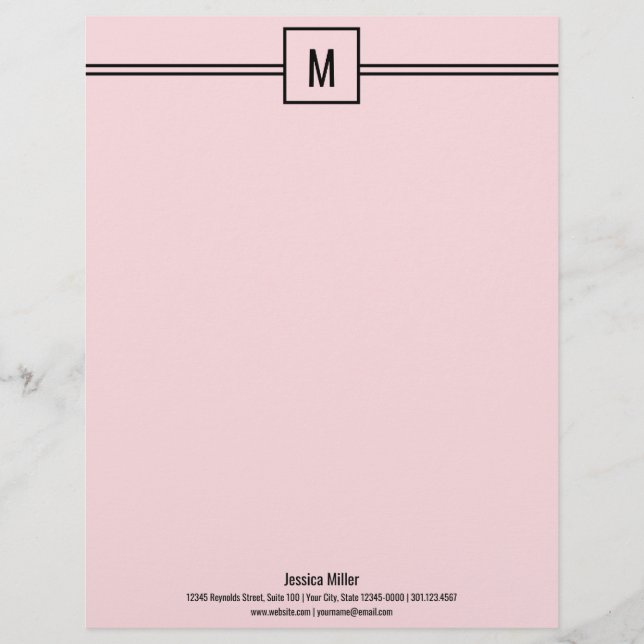 Papel Timbrado Letterhead minimalista, rosa e branco, monograma (Frente)