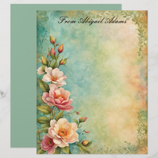 Papel Timbrado Lindas Flores de primavera desbotaram borda decora (Frente/Verso)