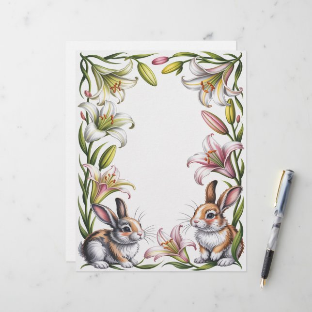 Papel Timbrado Lírios e Coelhos da Páscoa (Frente/Verso In Situ)