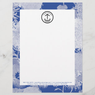 Papel Timbrado Logotipo Letterhead de Padrão Floral Branco Azul V