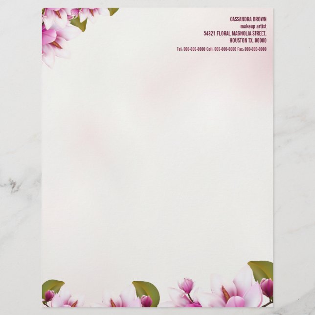 Papel Timbrado Magnolia Rosa, Floral Personalizada (Frente)