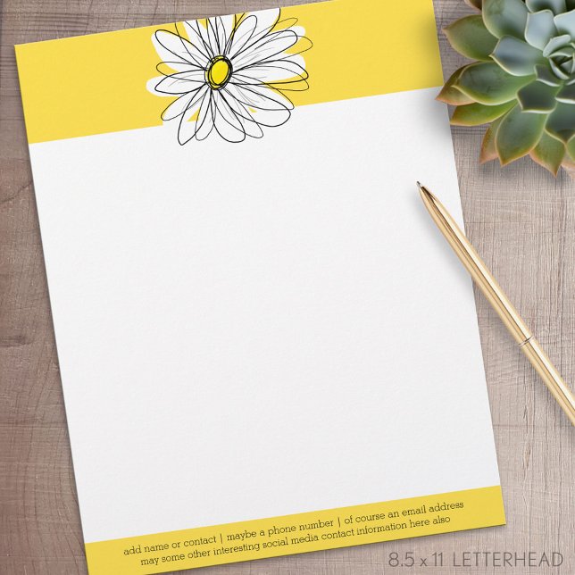 Papel Timbrado Margarida Branca e Amarela com Texto Personalizado (Personalized Letterhead )