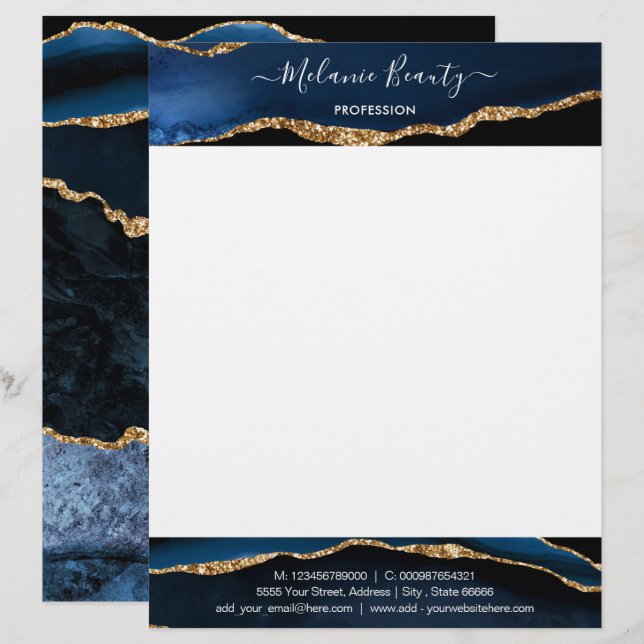 Papel Timbrado Marinho Azul Dourado Letterhead Personalizado Seu  (Frente/Verso)
