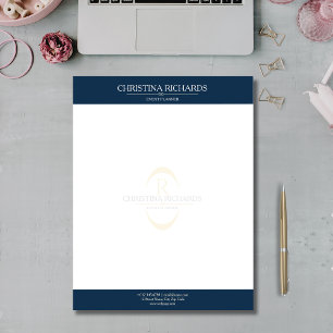 Papel Timbrado Marinho Monograma Blue Modern Elegant Business