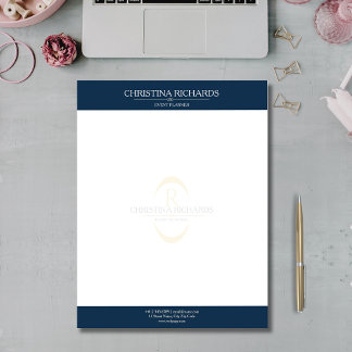 Papel Timbrado Marinho Monograma Blue Modern Elegant Business
