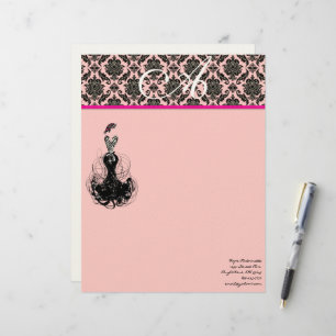 Papel Timbrado Moda Diva Rosa Framboesa Rosa Monograma Damasco