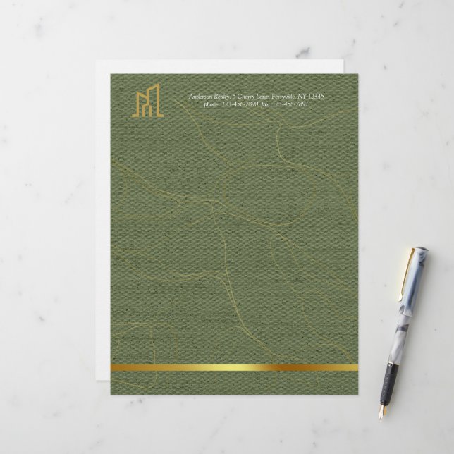 Papel Timbrado Modern Gold House Real Estate Olive Green Realtor (Frente/Verso In Situ)