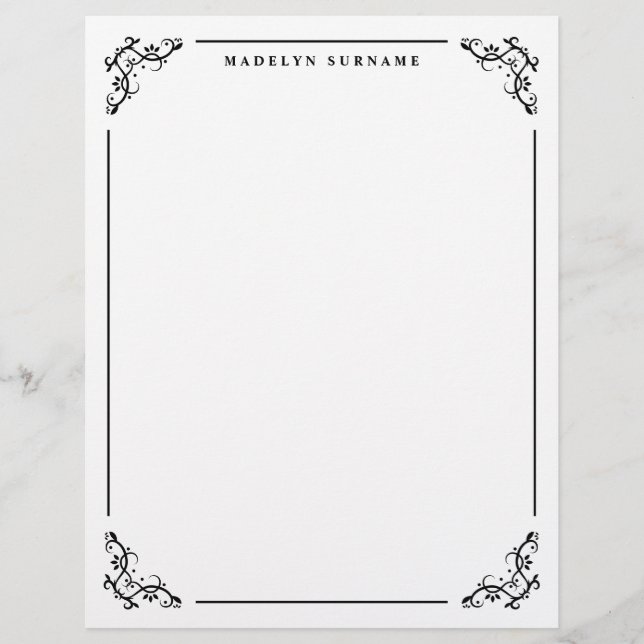 Papel Timbrado Moldura Preta Ornamental com Redemoinho e Nome (Frente)