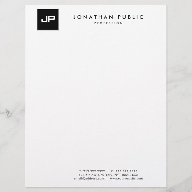 Papel Timbrado Monograma branco preto Simples Modelo moderno (Frente)