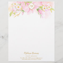 Papel Timbrado Monograma Floral Cor de Água Blush Botânico Rosa