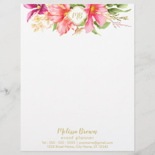 Papel Timbrado Monograma Flores de Vintagem Cor-de-rosa Pastel Le