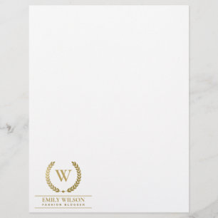 PAPEL TIMBRADO MONOGRAMA INICIAL DE LAUREL FLORAL DOURADA ELEGANT