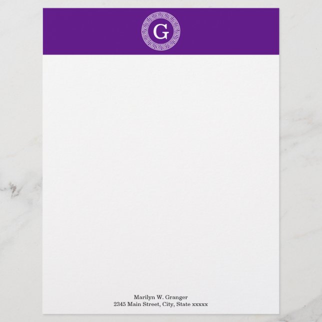Papel Timbrado Monograma Inicial do Quadro-Chave Grego - Purple W (Frente)