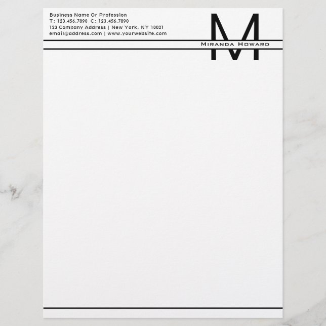 Papel Timbrado Monograma Mínimo Branco Simples - Cabeça Escrita (Frente)