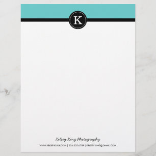 Papel Timbrado Monograma Personalizado Moderno Negro e Turquesa