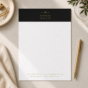 Papel Timbrado Monograma preto Dourado   Elegante minimalista mod