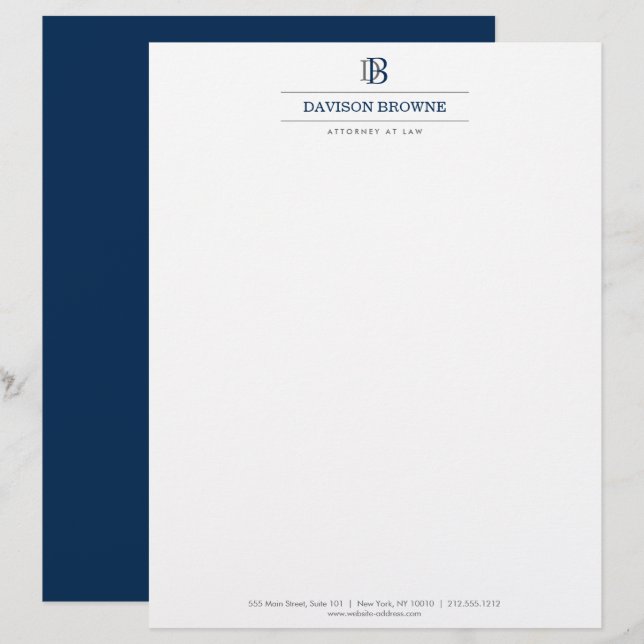Papel Timbrado Monograma Profissional Azul em Branco (Frente/Verso)