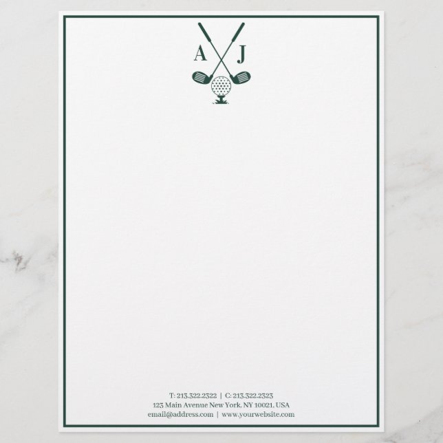 Papel Timbrado Monograma Verde Esmeralda de Golfe (Frente)