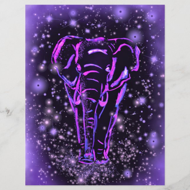 Papel Timbrado Neon Purple Elephant Andando À Noite Estrelada  (Verso)