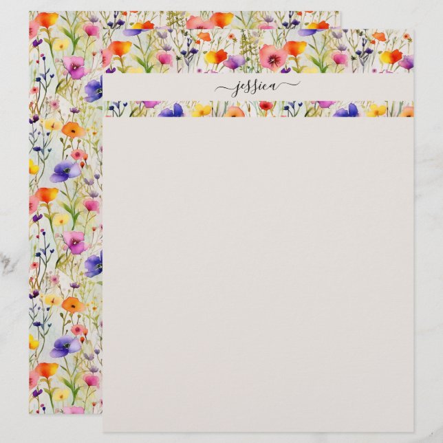 Papel Timbrado Nome do script de flores silvestres legantes (Frente/Verso)