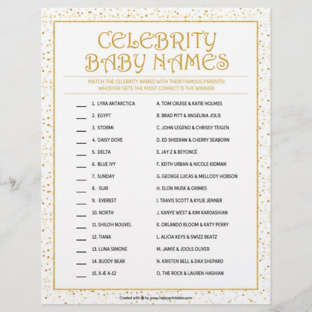 Papel Timbrado Nomes de Bebês de Celebridade [Sparkles de Ouro] (Frente)