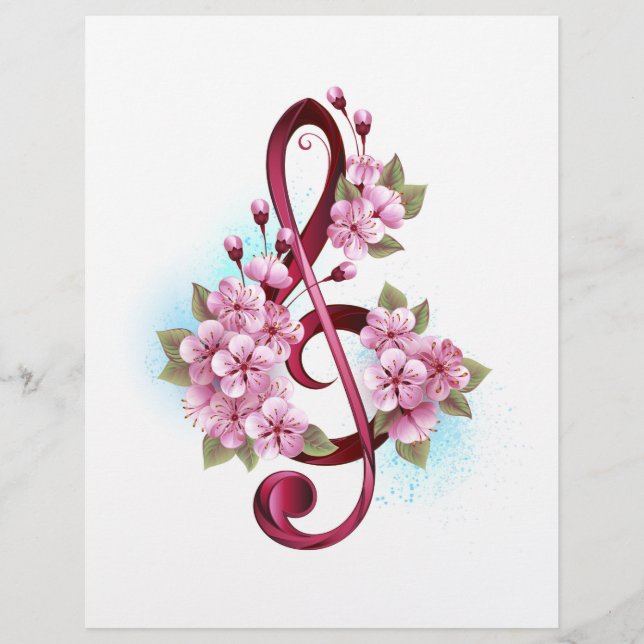 Papel Timbrado Notas de clave de trecho musical com flores de Sak (Frente)