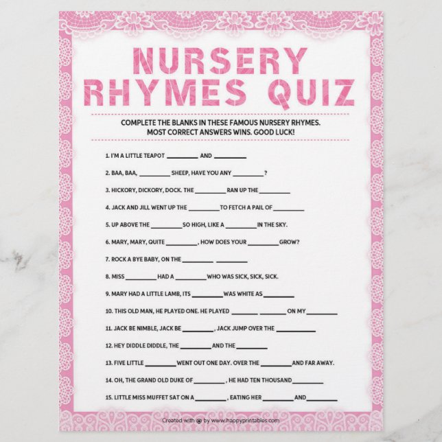 Papel Timbrado Nursery Rhymes Quiz [Luxo Lace [Rosa]] (Frente)