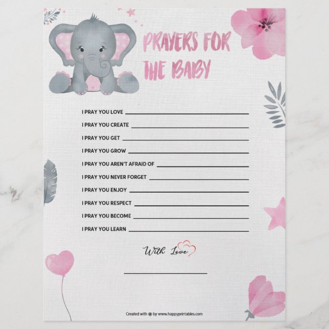 Papel Timbrado Orações Para O Bebê [Elefante Para Bebê [Rosa]] (Frente)