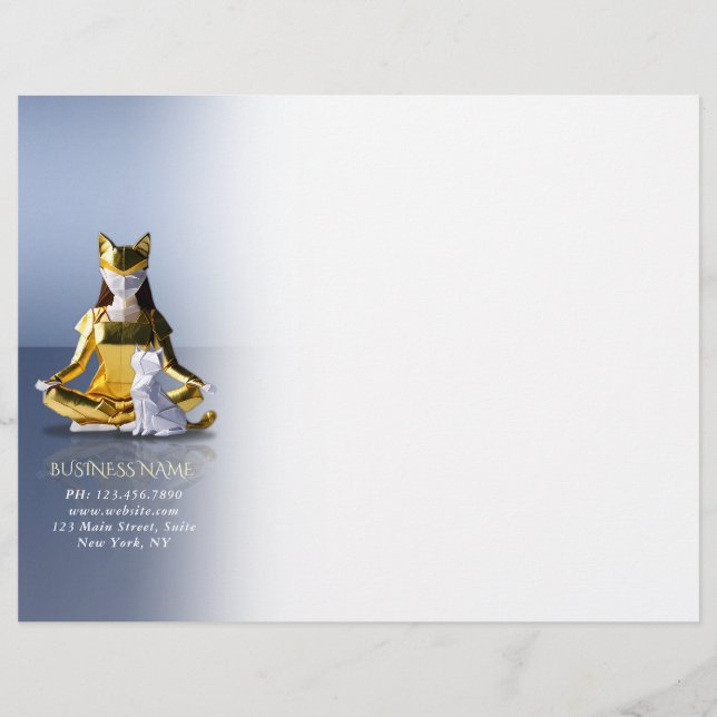 Papel Timbrado Origami Gold Foil Yoga Meditando Mulher-Gato (Frente)