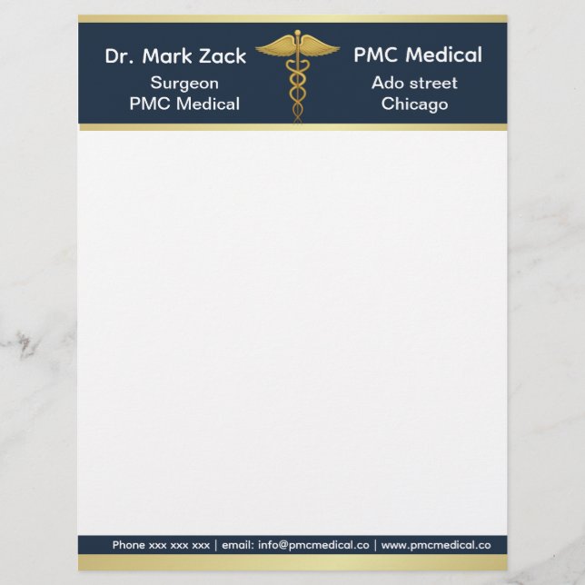 Papel Timbrado Ouro médico personalizável azul (Frente)