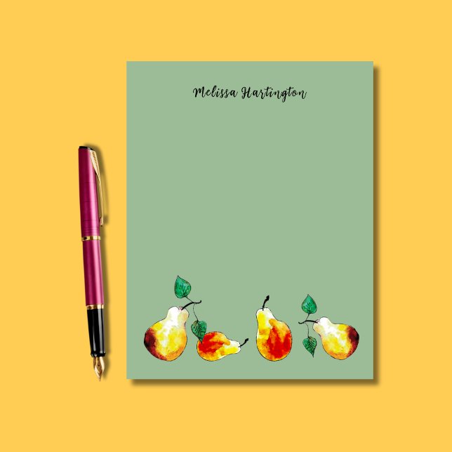 Papel Timbrado Ouros Desenhados À Mão-de-Água Boho (The bright red and golden pears pop against a sage green background on this fall letter paper.)
