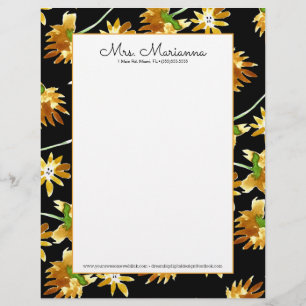 Papel Timbrado Padrão de Arte Floral Amarela em Aquarela à Mão