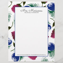 Papel Timbrado Padrão de Arte Floral Azul Burgundy em Aquarela à 
