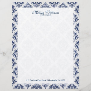 Papel Timbrado Padrão de Damascos de Vintagem Azul Branco e Marin