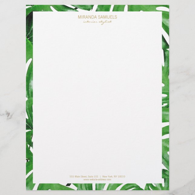 Papel Timbrado Padrão de Folhas Tropicais de Monstera de Aquarela (Frente)