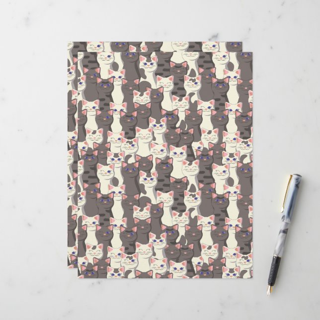 Papel Timbrado Padrão de gatos brancos e cinzas (Frente/Verso In Situ)