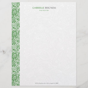Papel Timbrado Padrão de Paisley de Vintagem Verde e Branco
