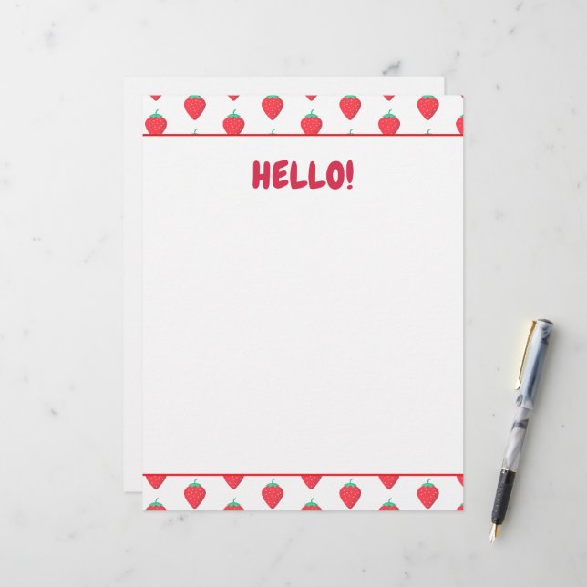 Papel Timbrado Padrão Estético de Morango Kawaii Fofo (Frente/Verso In Situ)