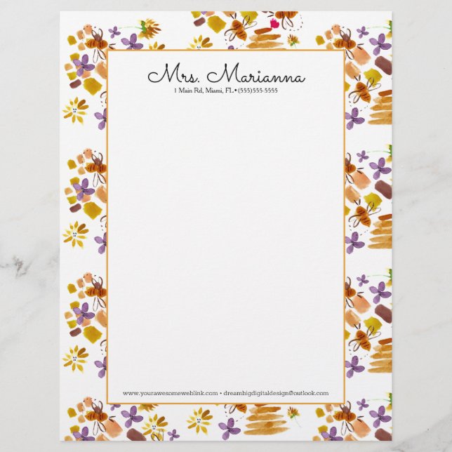 Papel Timbrado Padrão Floral Botânico Da Abelha Da Maneira (Frente)