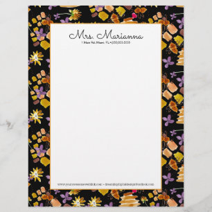 Papel Timbrado Padrão Floral Botânico de Arte de Abelha em Aquare