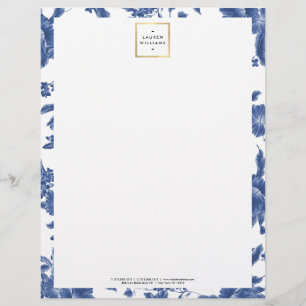 Papel Timbrado Padrão Floral Branco e Azul da Vintage