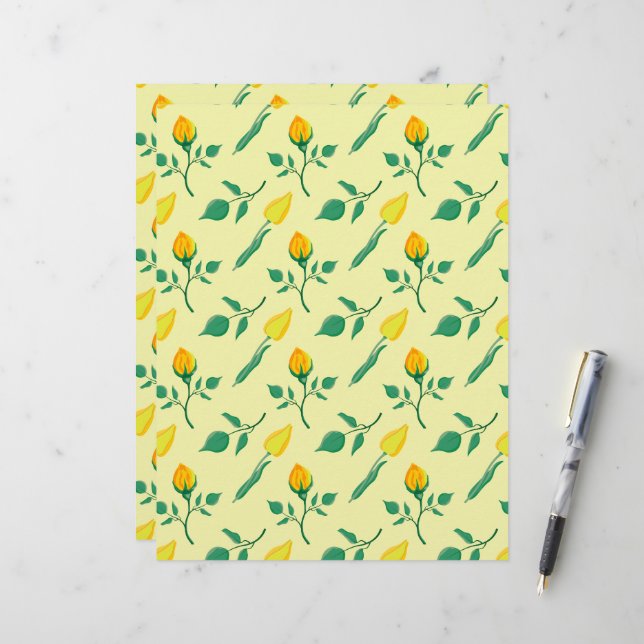 Papel Timbrado Padrão floral com rosa amarela e flores tulipas (Frente/Verso In Situ)