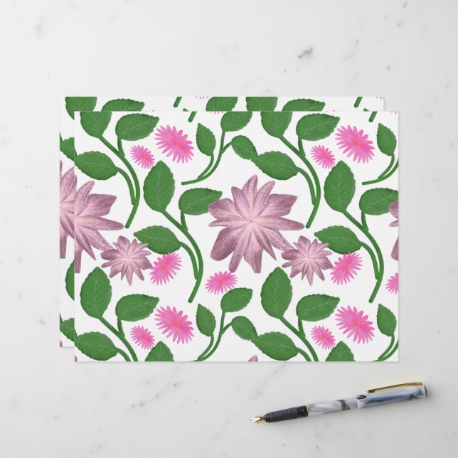 Papel Timbrado Padrão floral rosa com folhas verdes (Frente/Verso In Situ)