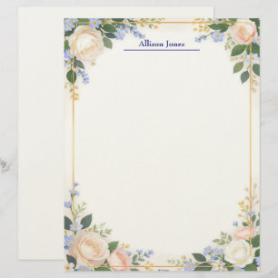 Papel Timbrado Papelaria Floral Creme e Azul com Moldura Dourada