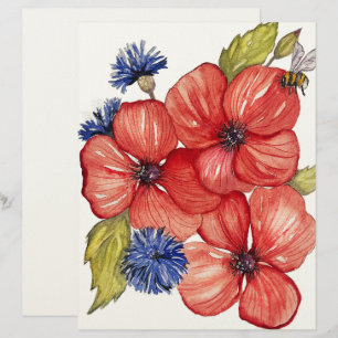 Papel Timbrado Papoula Vermelha e Centáurea Azul em Aquarela