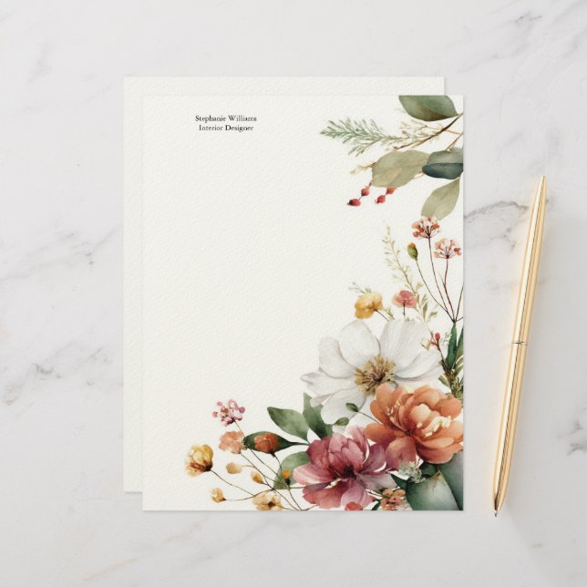 Papel Timbrado Personalized Burgundy Teal White Florals  (Frente/Verso In Situ)